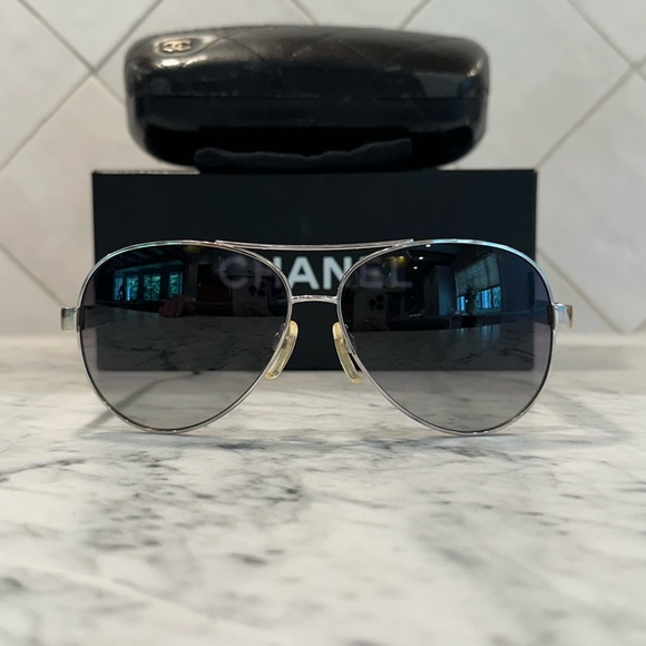 Chanel Silver Frame with Black Leather Arm Sunglasses - Picture 2 of 16